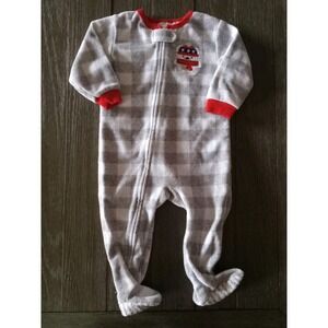 Koala Kids 12 Month White & Gray Plaid Fleece Zip Footed Sleeper Bear Red Trim